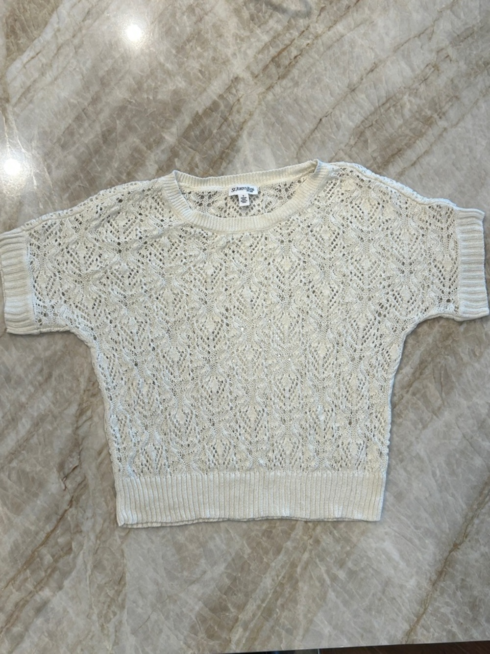 St John’s Bay Open Knit Crocheted Cotton Ramie Sweater Cream Size S